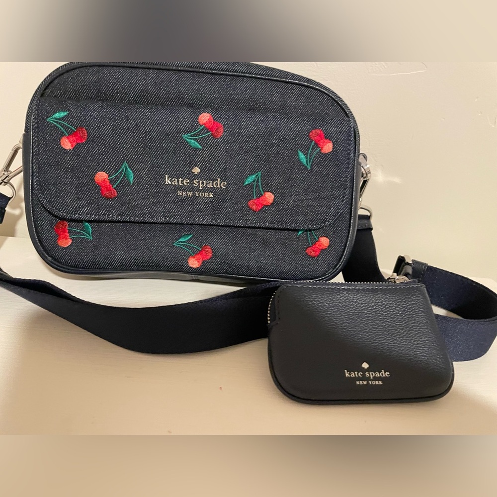 Kate Spade Navy Denim Cherry Embroidered Crossbody Bag with small card holder